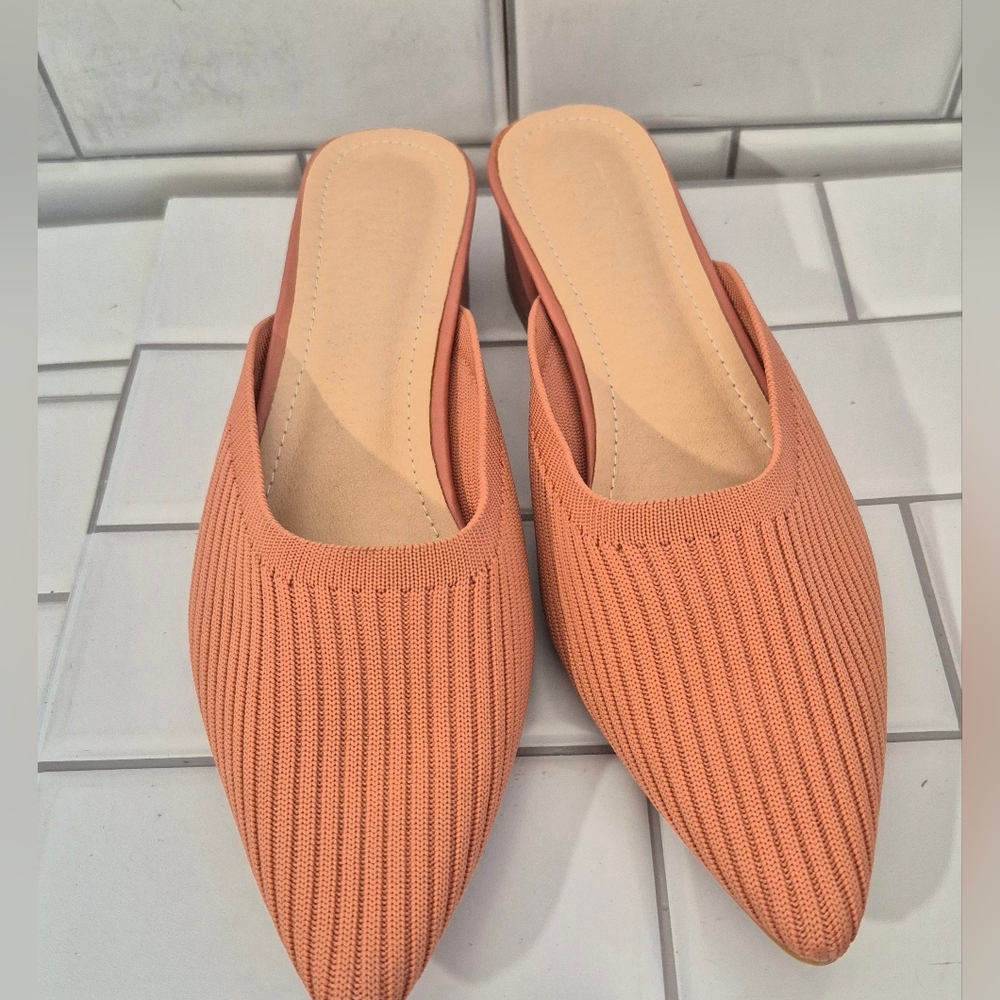 Tijn Ladies Rose Pink Color Pointed Mules Slide On 1.5in Block Heel Stretch Fabr